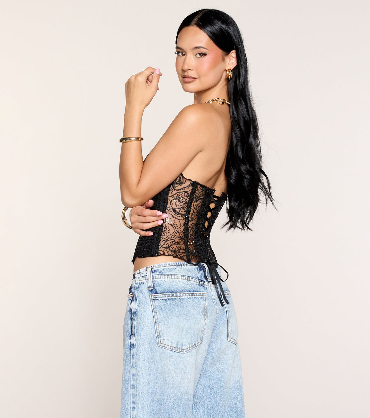 Top Corset de Encaje Floral con Lentejuelas Floral Glimmer