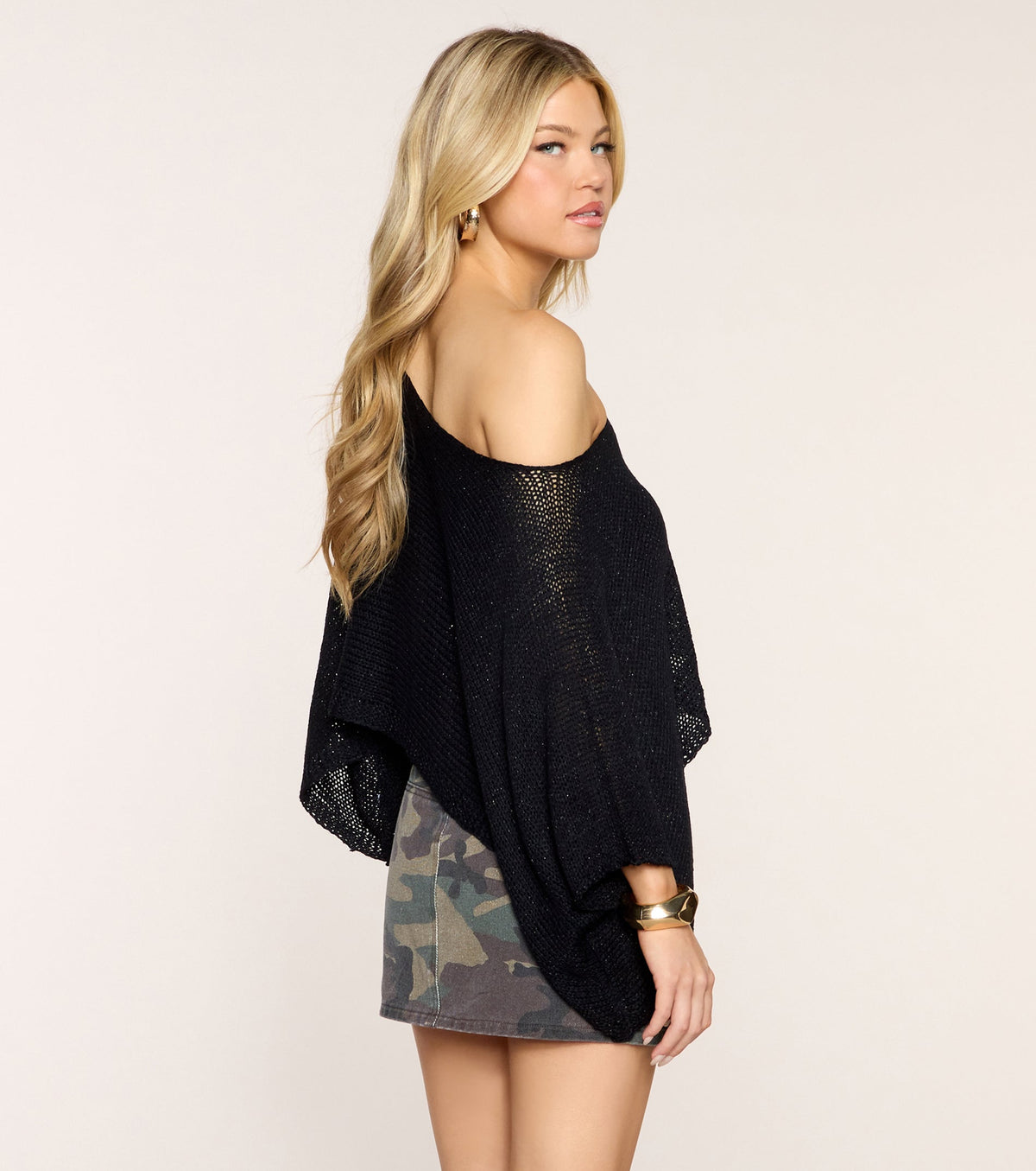 Top Poncho Brillante Semitransparente Hombros Descubiertos
