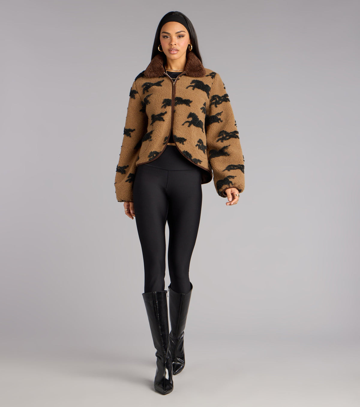 Chaqueta Sherpa Sintética con Estampado de Caballos