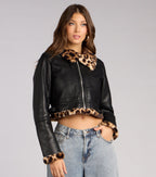 Chaqueta Moto de Cuero Sintético con Pelo de Leopardo