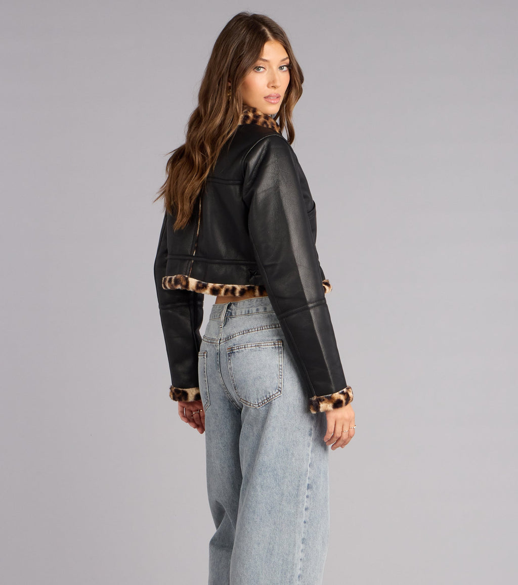 Chaqueta Moto de Cuero Sintético con Pelo de Leopardo