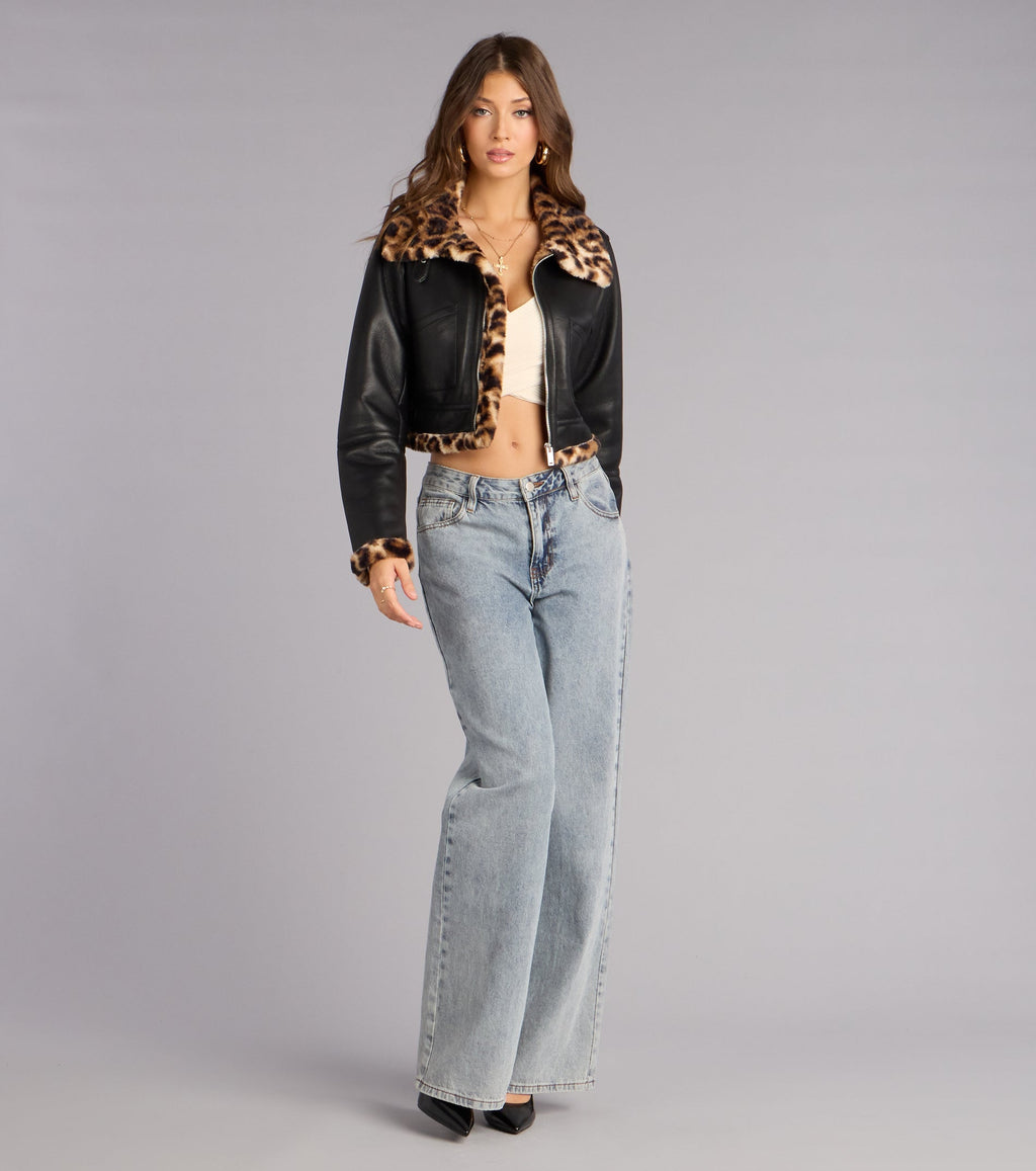 Chaqueta Moto de Cuero Sintético con Pelo de Leopardo