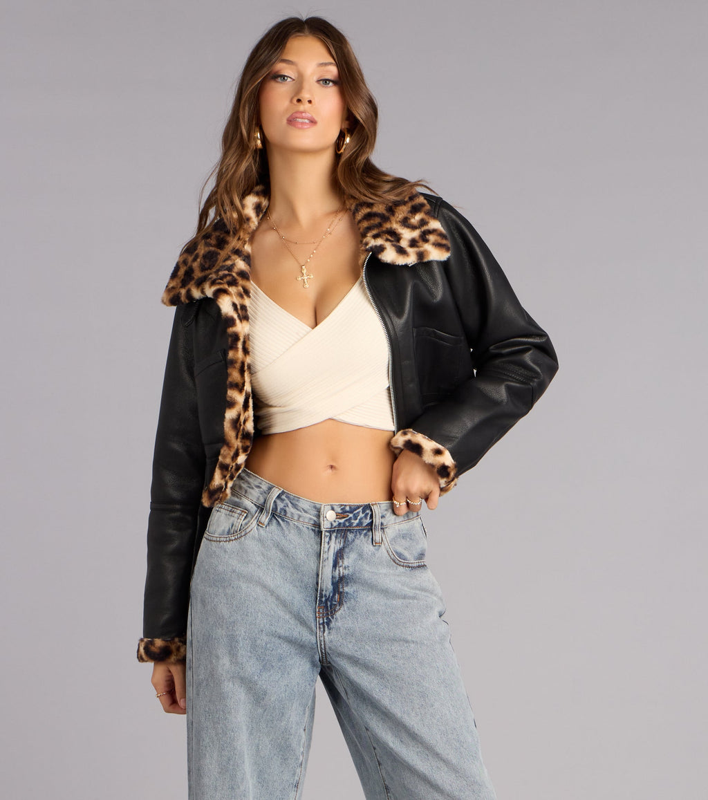 Chaqueta Moto de Cuero Sintético con Pelo de Leopardo