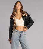 Chaqueta Moto de Cuero Sintético con Pelo de Leopardo