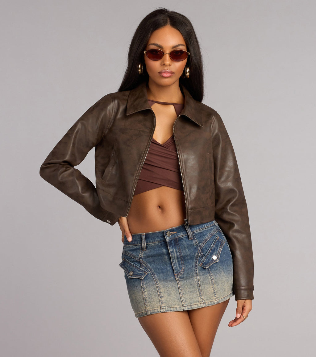 Chaqueta Corta de Cuero Sintético Cropped