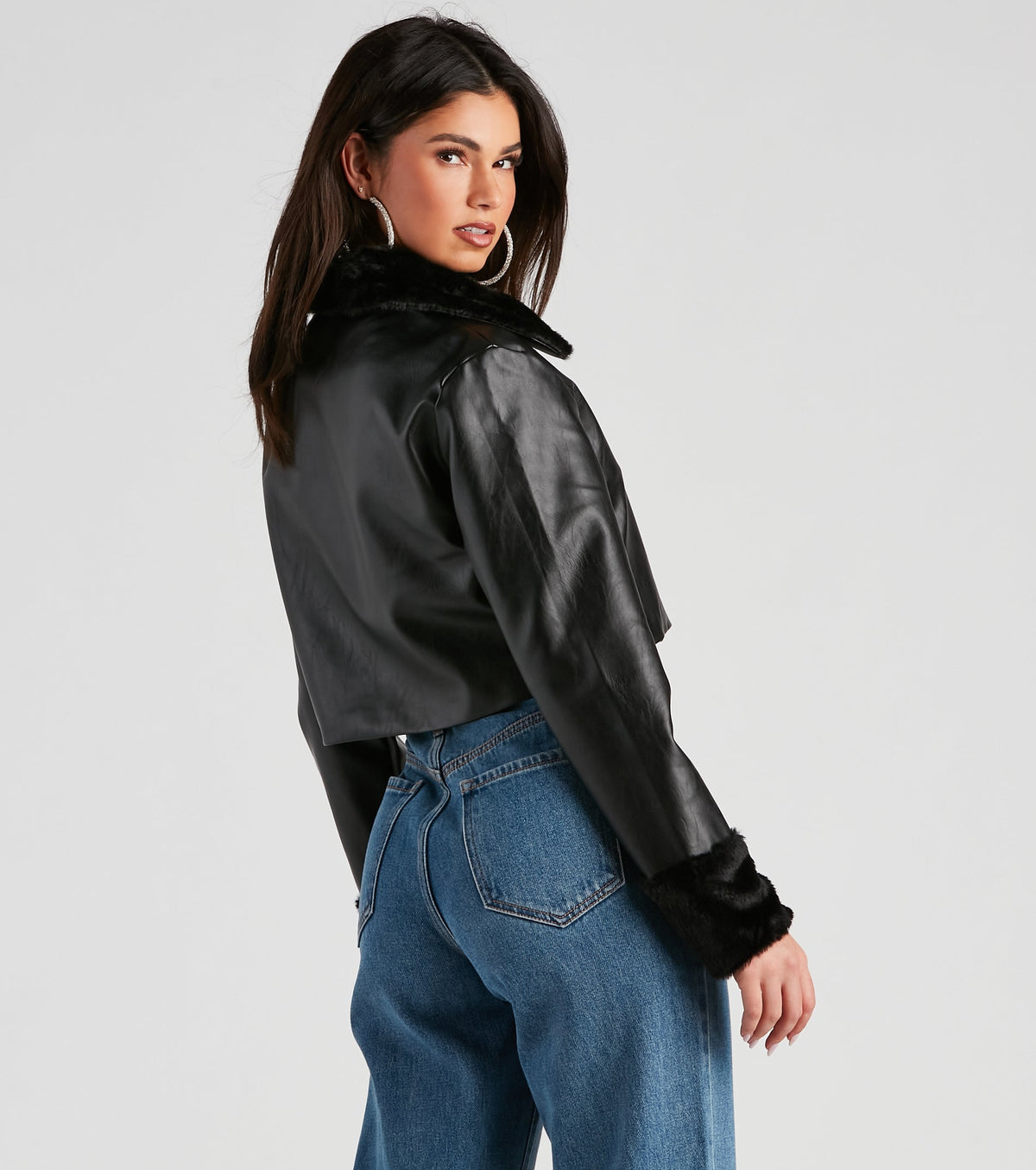 Chaqueta Moto de Cuero Sintético con Pelo Sintético Estilo Downtown