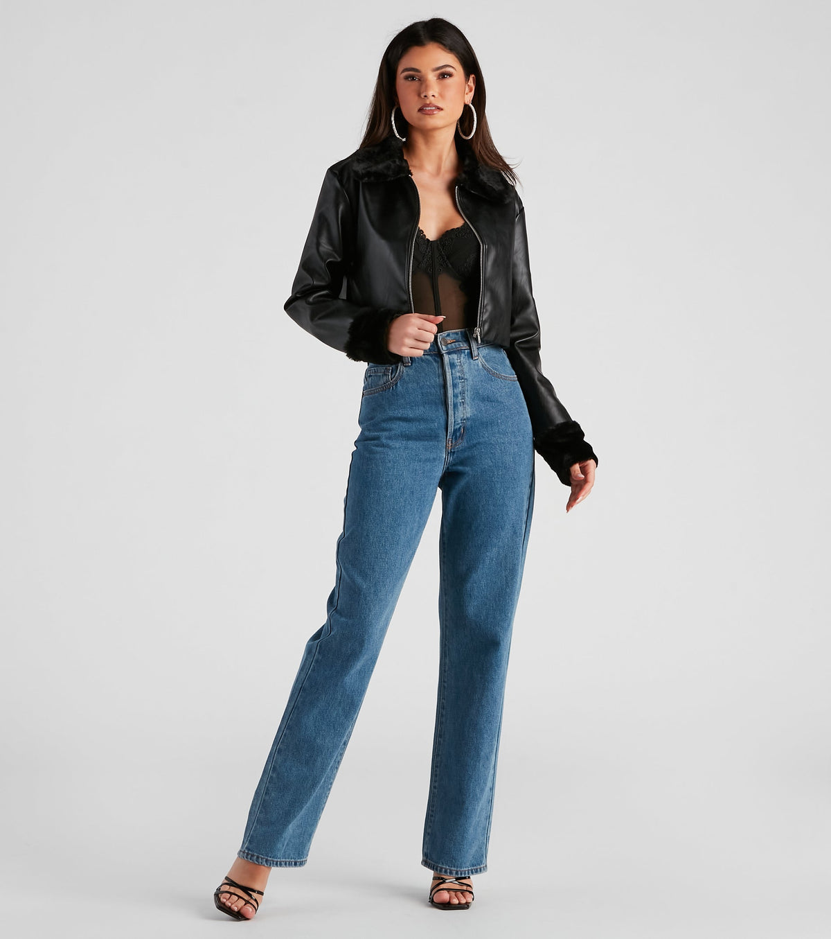 Chaqueta Moto de Cuero Sintético con Pelo Sintético Estilo Downtown