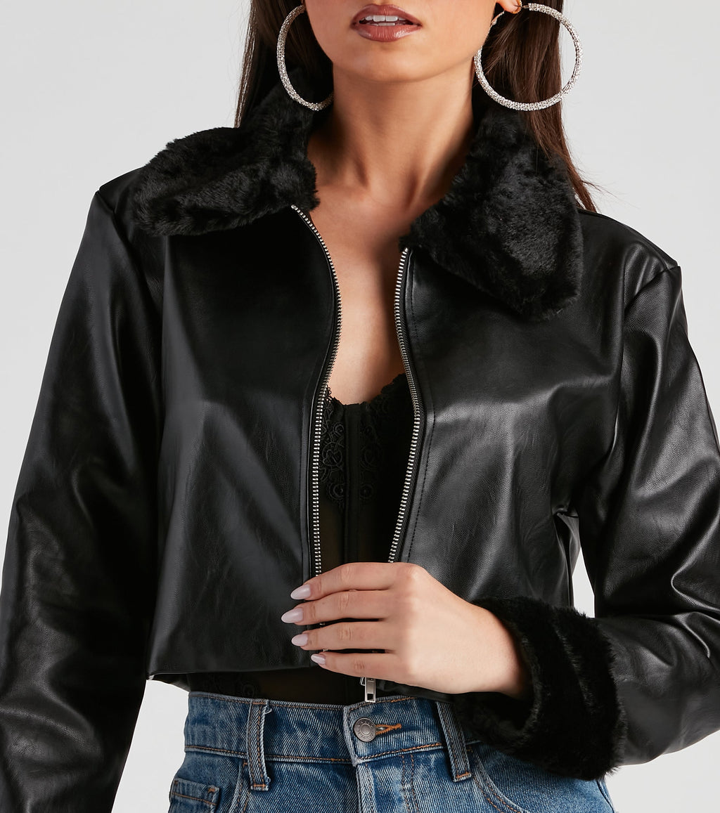 Chaqueta Moto de Cuero Sintético con Pelo Sintético Estilo Downtown