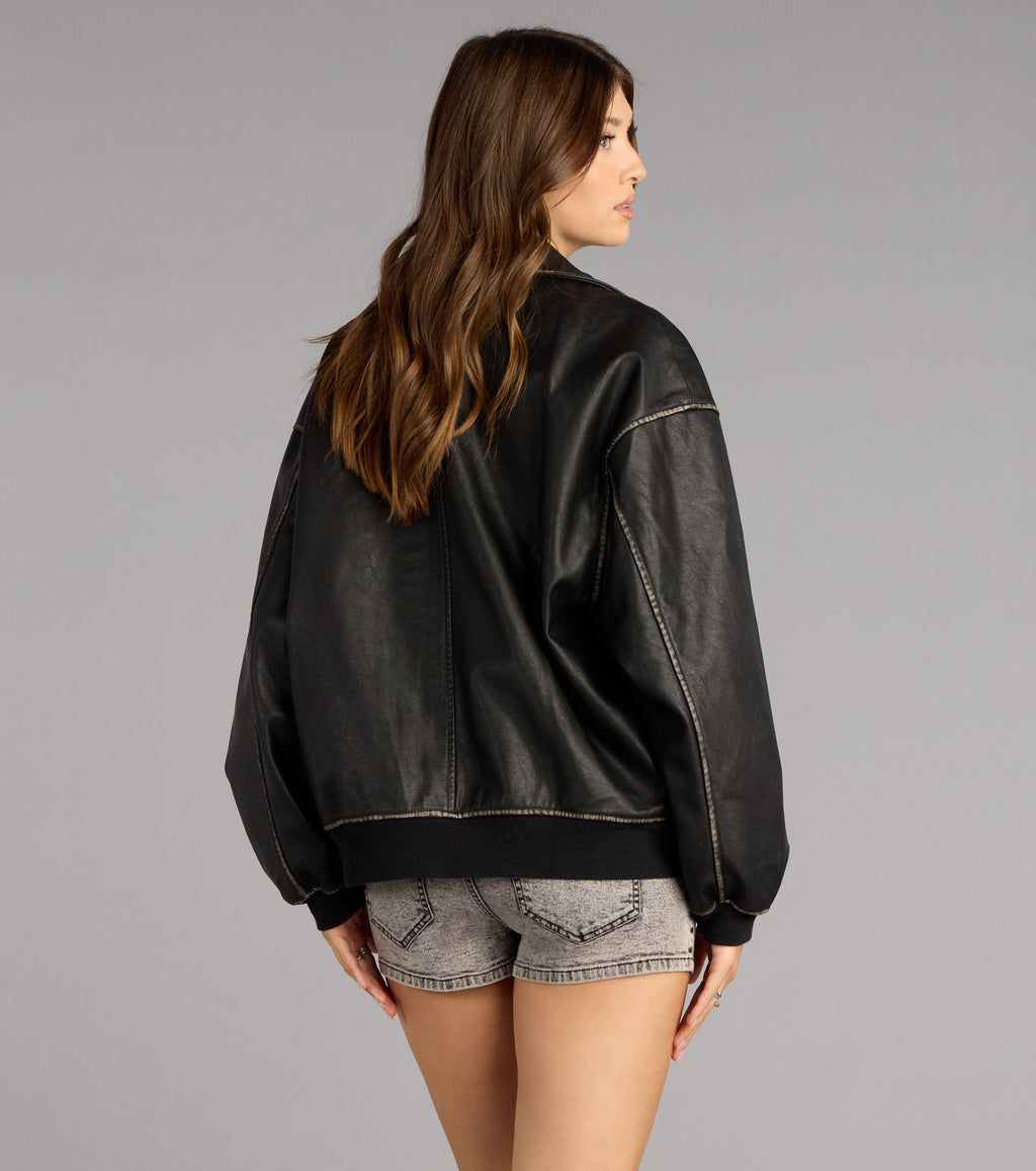 Cazadora Bomber Oversize de Cuero Sintético Vintage Chic