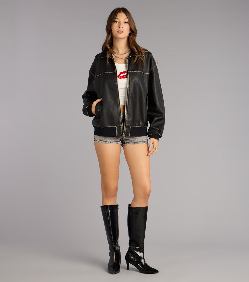 Cazadora Bomber Oversize de Cuero Sintético Vintage Chic