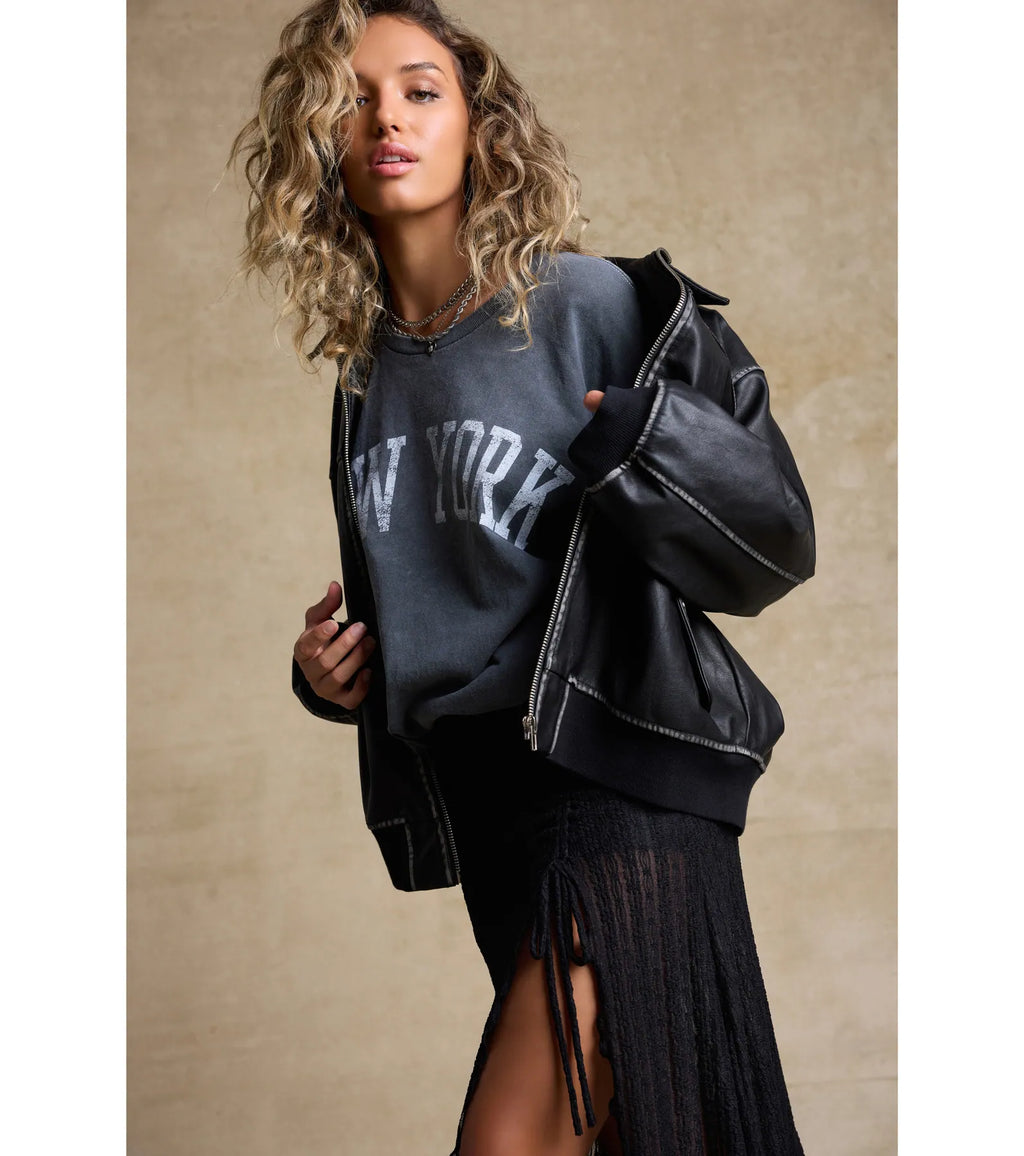 Cazadora Bomber Oversize de Cuero Sintético Vintage Chic