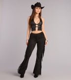 Pantalones Acampanados de Ante Sintetico con Flecos