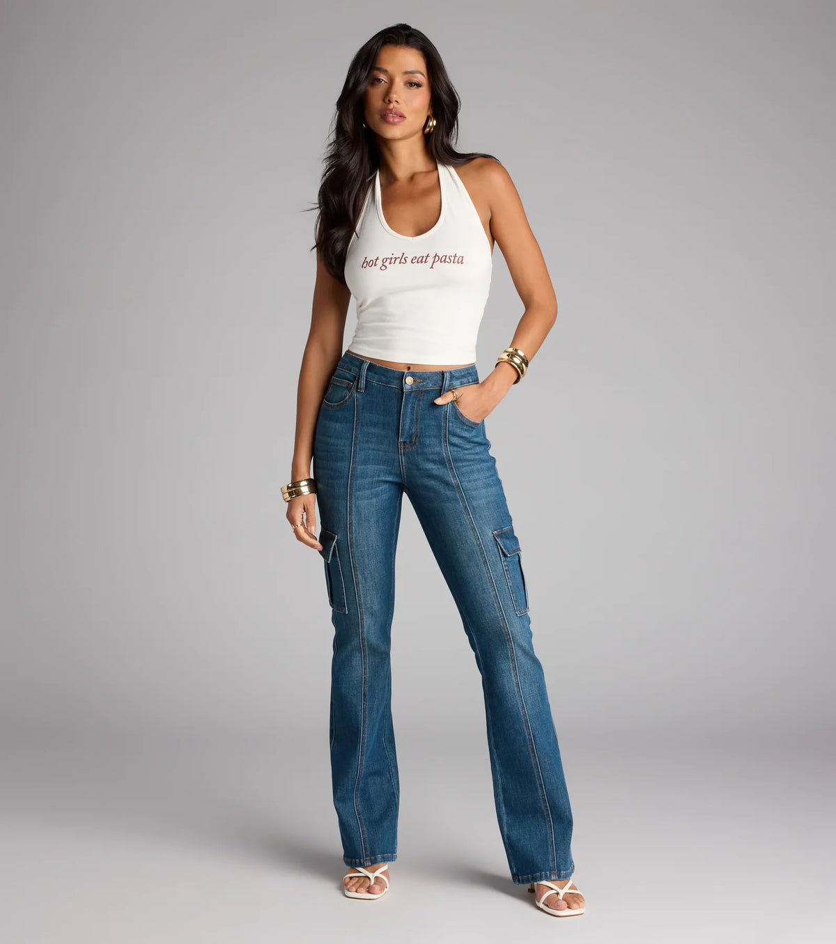 Pantalones Vaqueros Cargo Acampanados de Tiro Medio