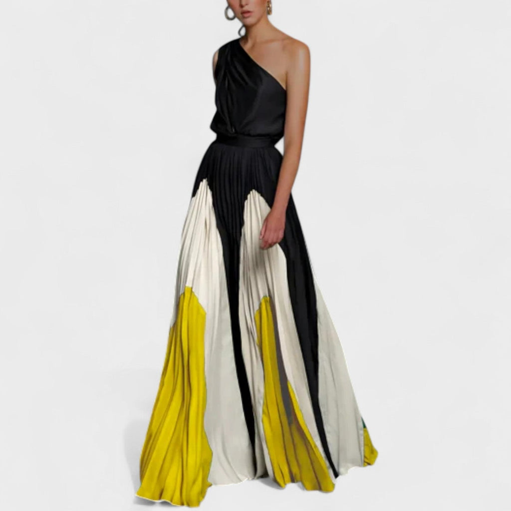 Vestido largo para mujer con un solo hombro, con motivos elegantes y tela fluida
