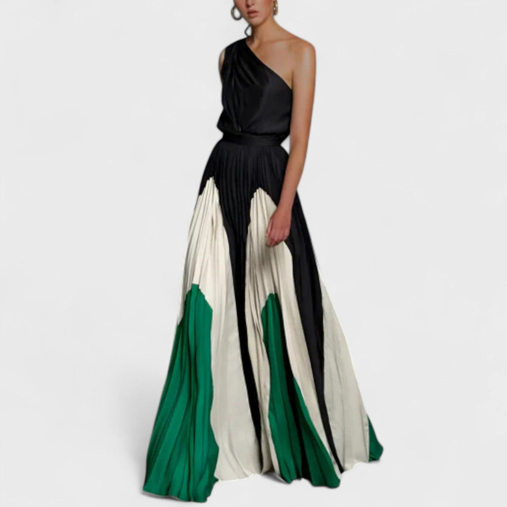 Vestido largo para mujer con un solo hombro, con motivos elegantes y tela fluida