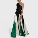 Vestido largo para mujer con un solo hombro, con motivos elegantes y tela fluida