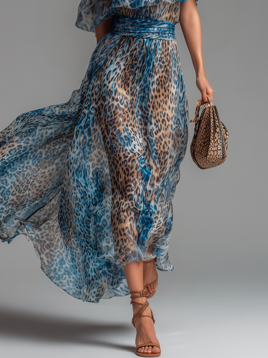Sauvage | Vestido largo de muselina con estampado de leopardo y hombros descubiertos