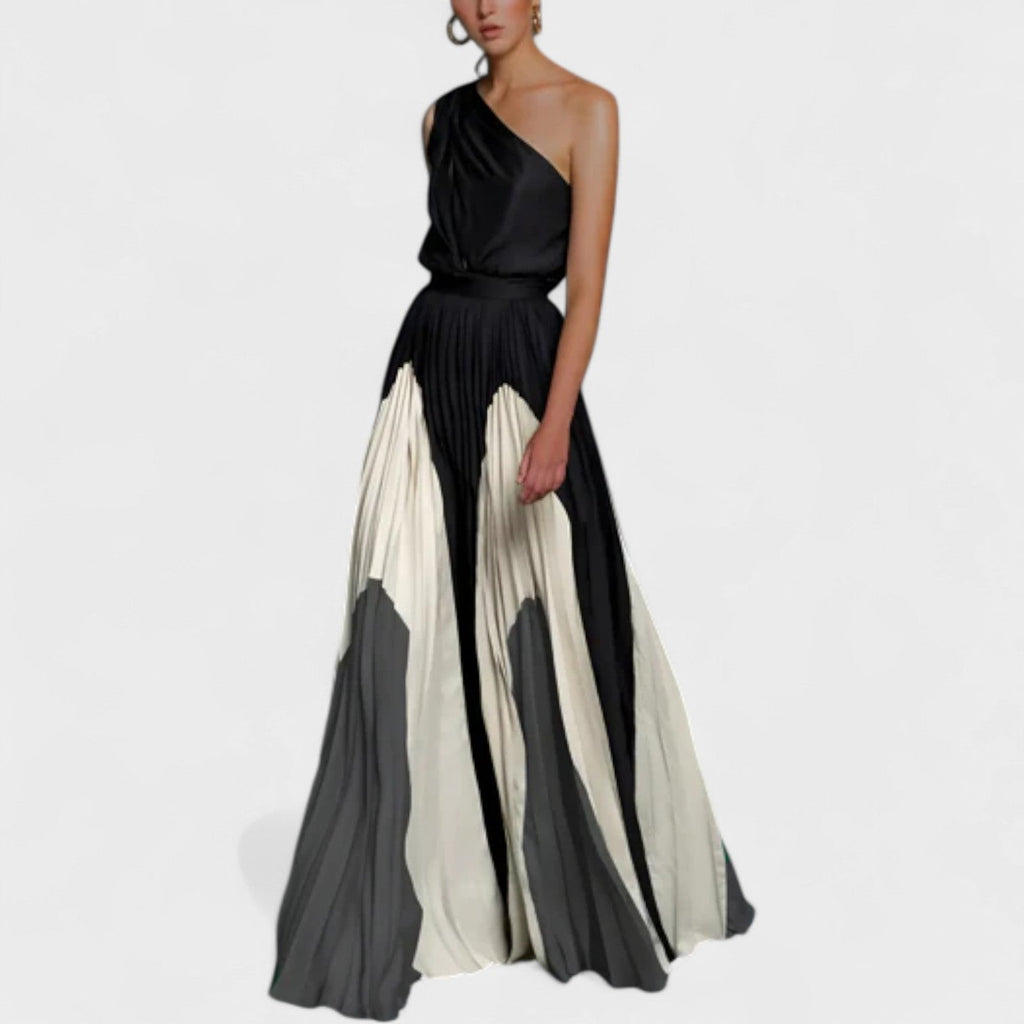 Vestido largo para mujer con un solo hombro, con motivos elegantes y tela fluida