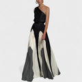 Vestido largo para mujer con un solo hombro, con motivos elegantes y tela fluida