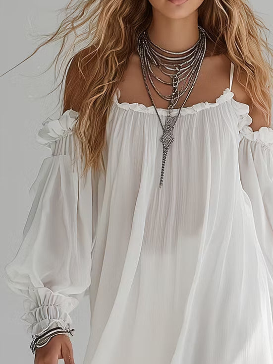 Medusa | Vestido mini fluido de estilo bohemio con hombros al aire