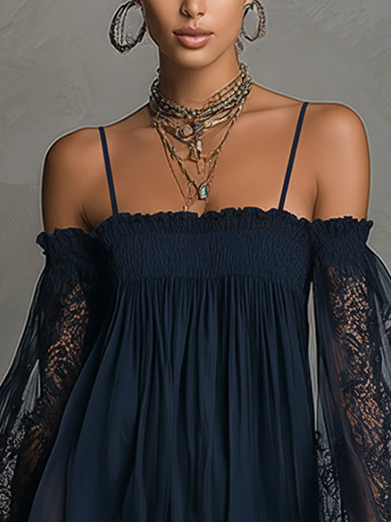 Noémie | Vestido corto de mousseline azul marino con hombros al descubierto y acabados de encaje