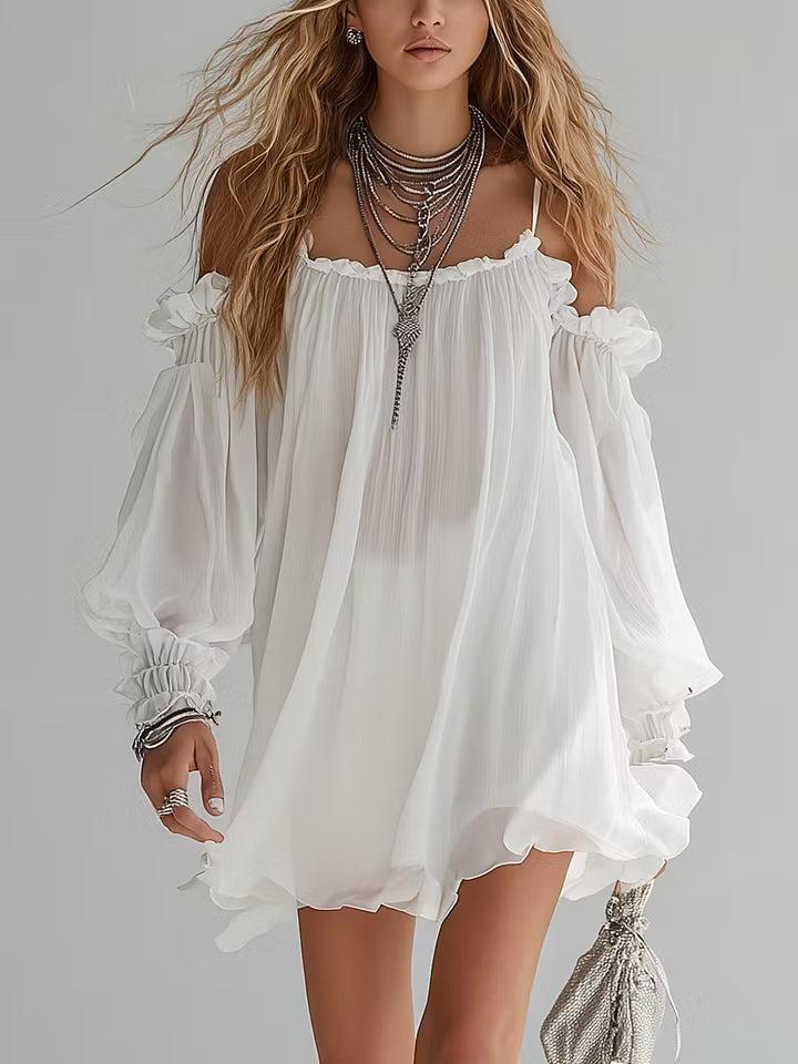 Medusa | Vestido mini fluido de estilo bohemio con hombros al aire