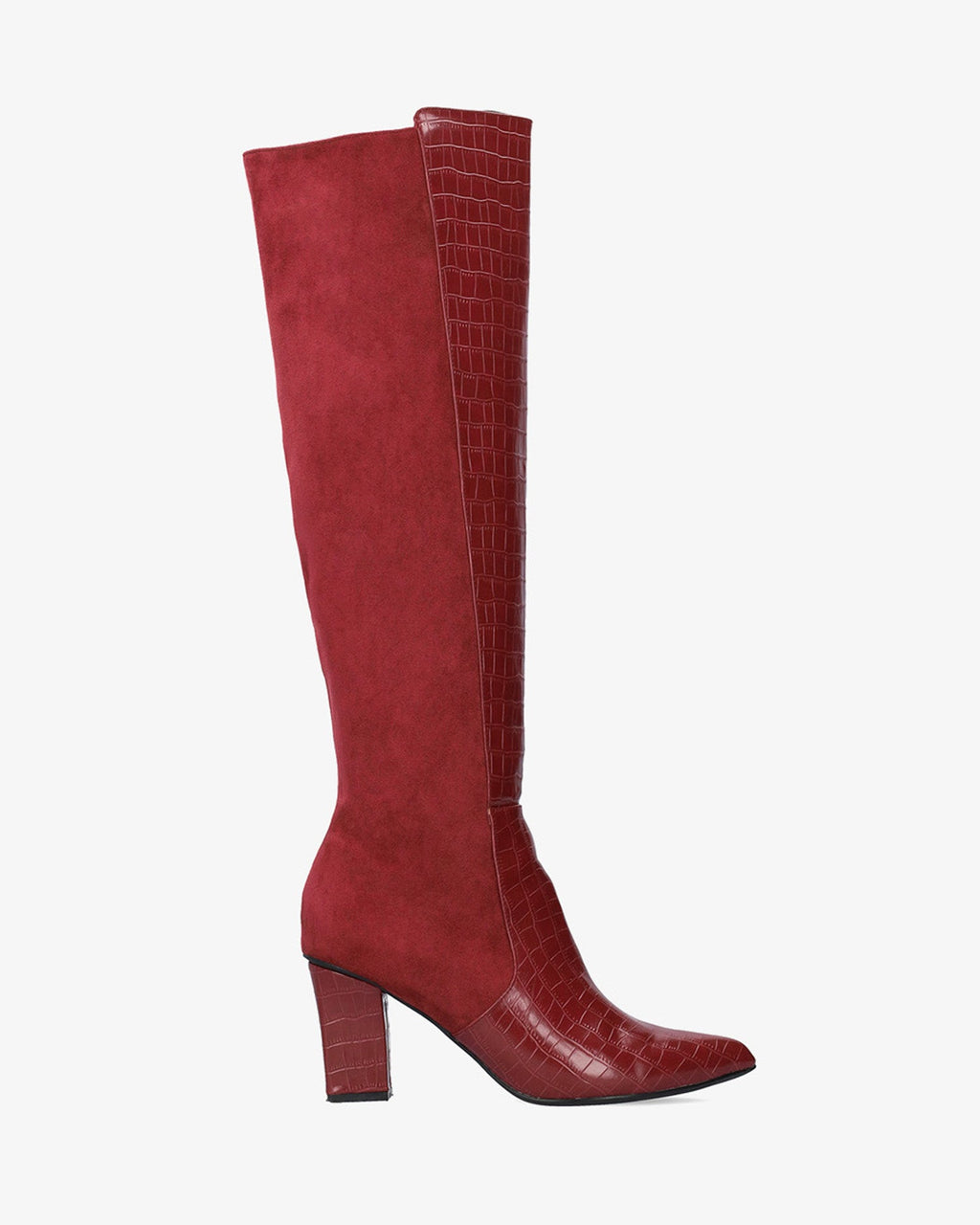 Bota alta combinada en burdeos