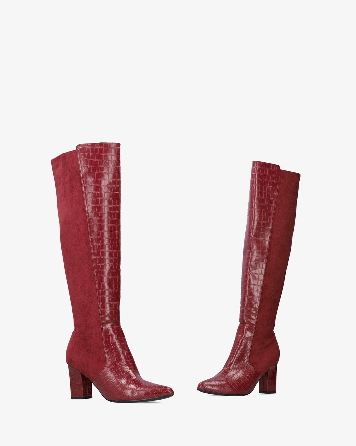 Bota alta combinada en burdeos