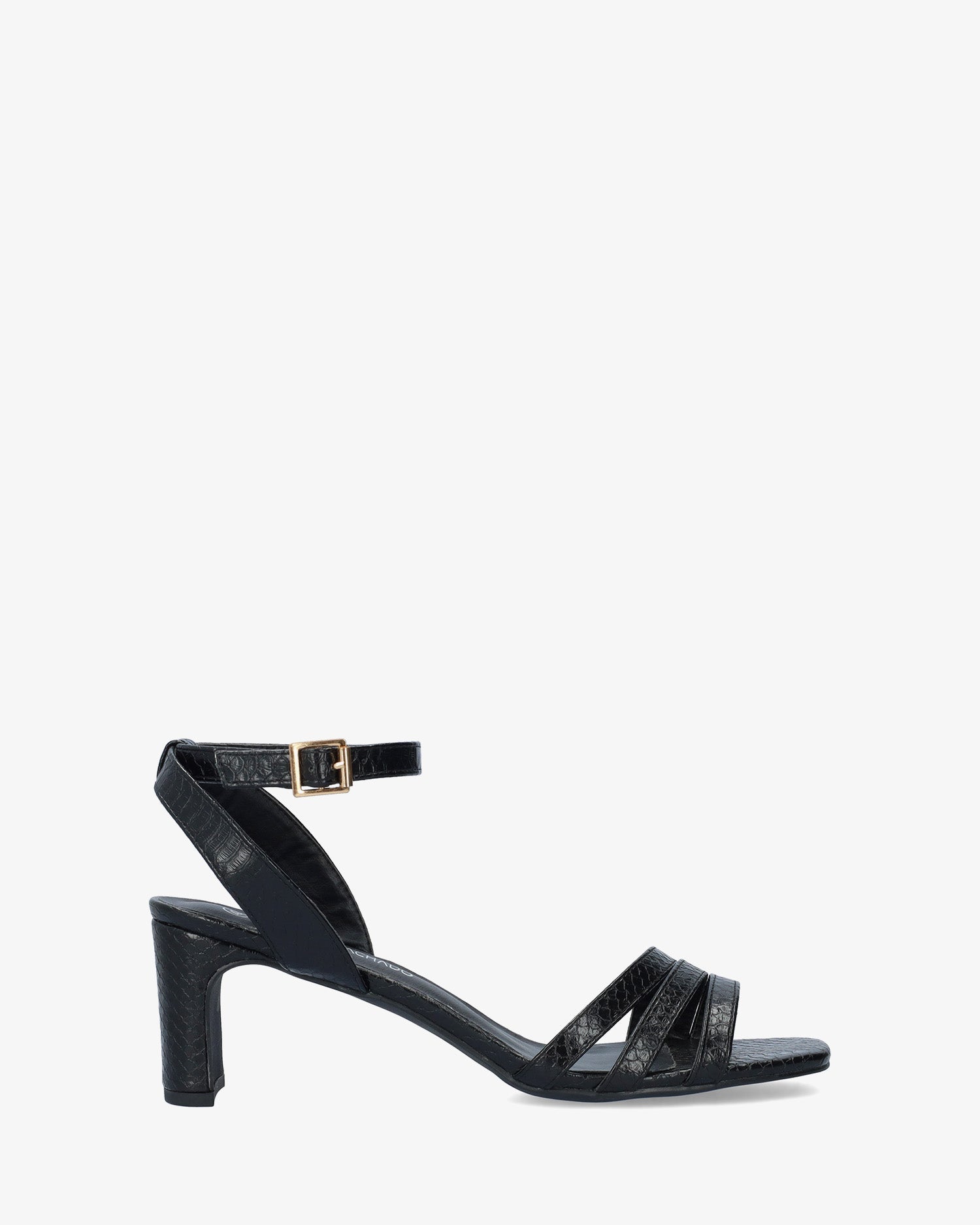 Sandalia en soft snake negro con tacón semi-cuadrado