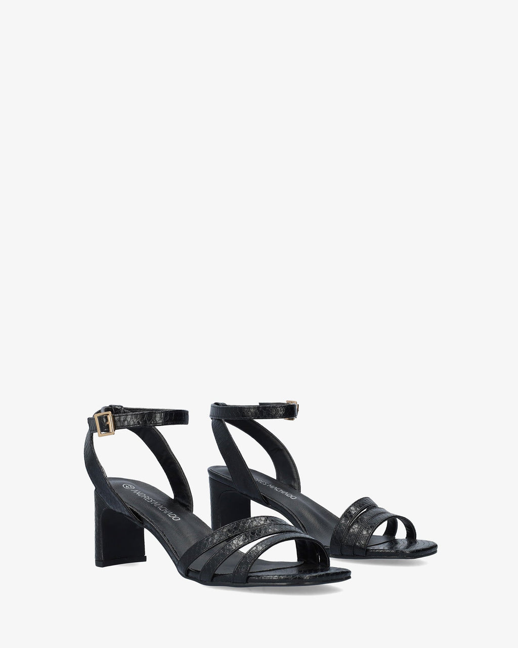 Sandalia en soft snake negro con tacón semi-cuadrado