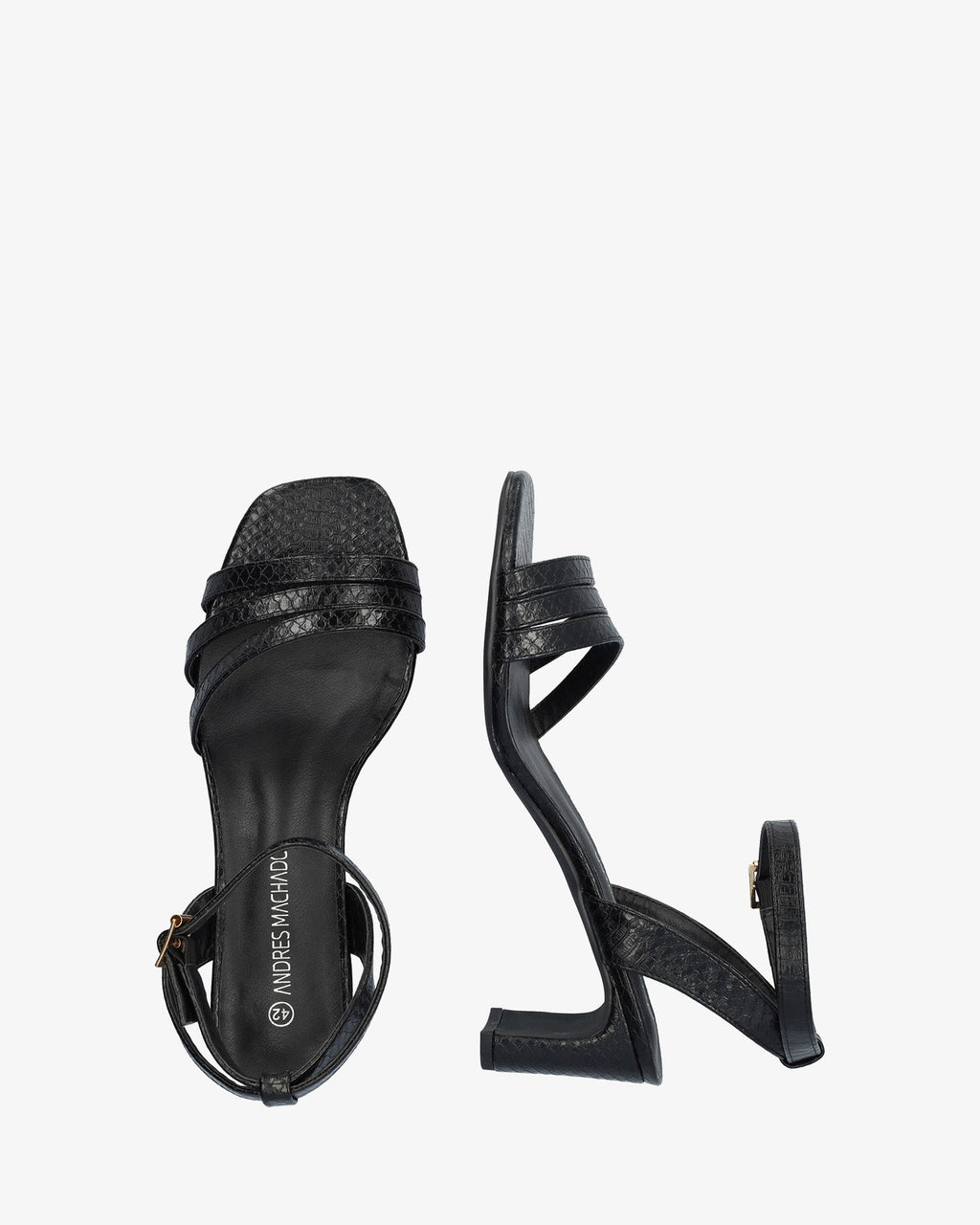 Sandalia en soft snake negro con tacón semi-cuadrado