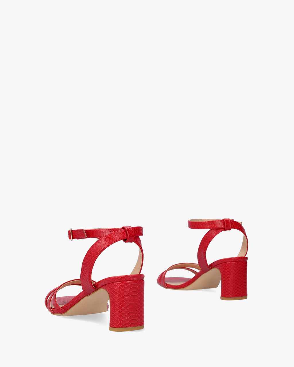 Sandalia en soft snake rojo con tacón semi-cuadrado