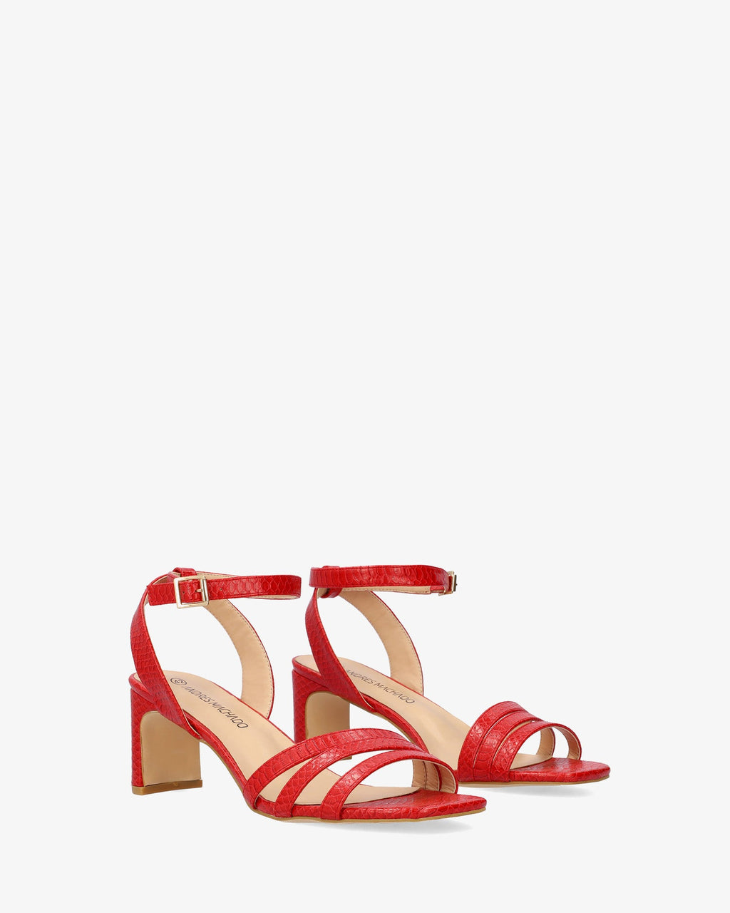 Sandalia en soft snake rojo con tacón semi-cuadrado