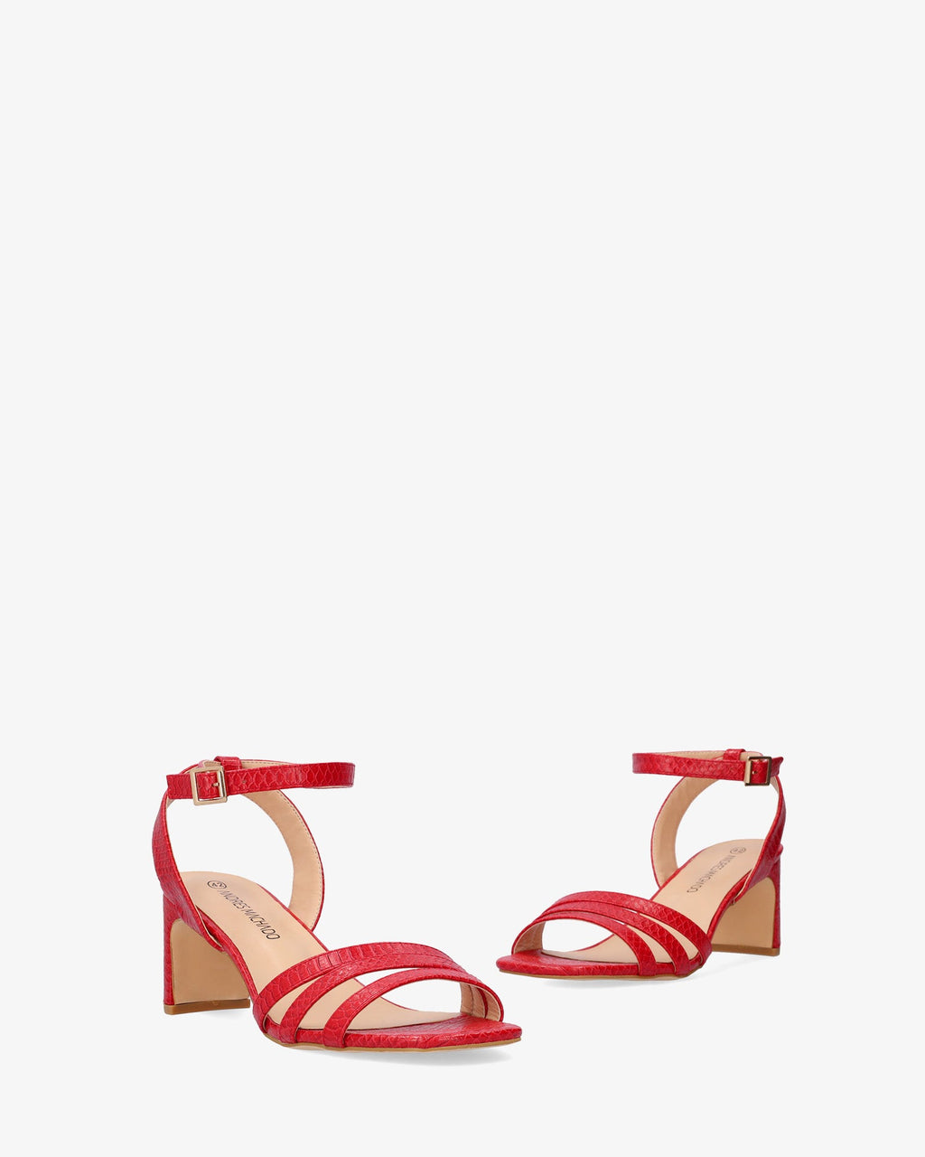 Sandalia en soft snake rojo con tacón semi-cuadrado