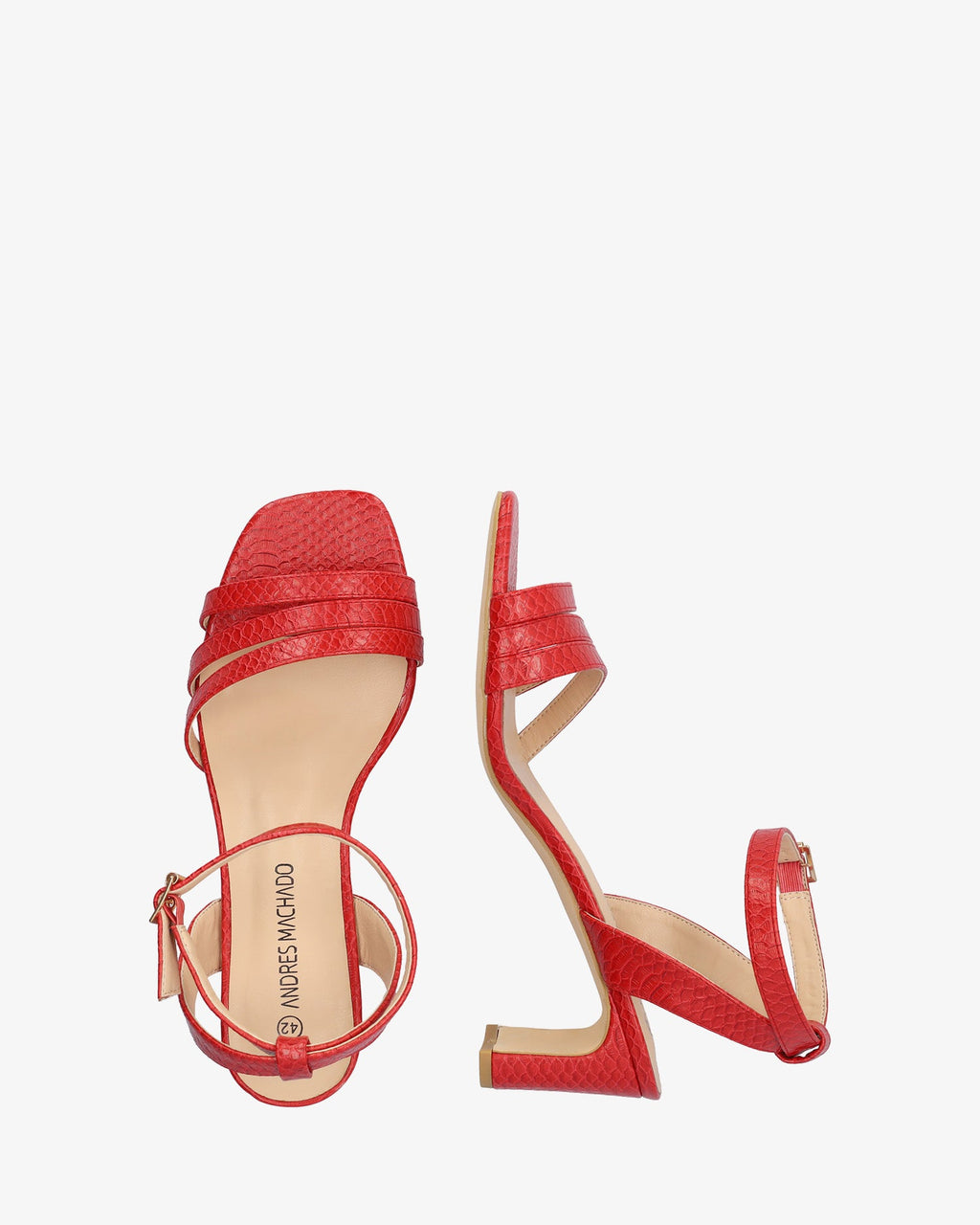 Sandalia en soft snake rojo con tacón semi-cuadrado
