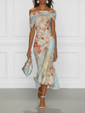 Victoire | Vestido midi de corte sirena con hombros descubiertos y estampado floral azul