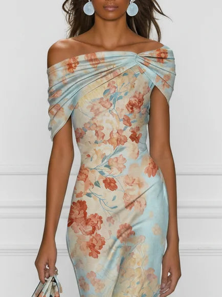 Victoire | Vestido midi de corte sirena con hombros descubiertos y estampado floral azul