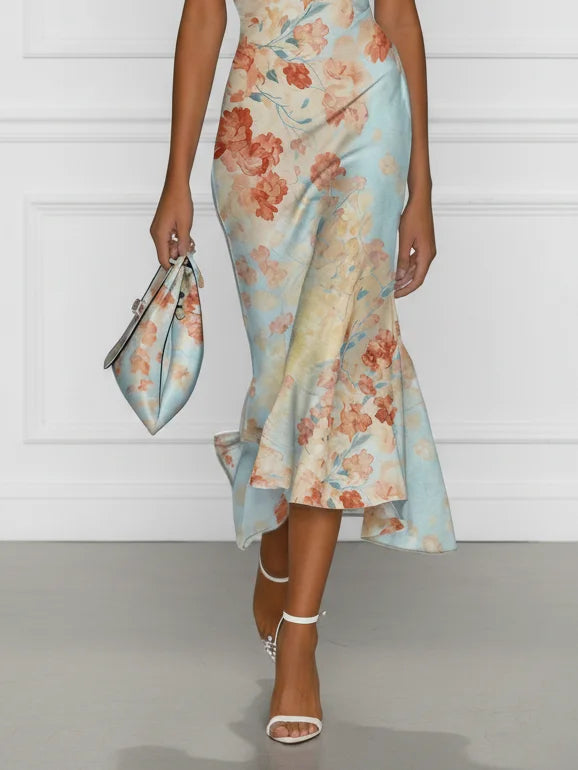 Victoire | Vestido midi de corte sirena con hombros descubiertos y estampado floral azul