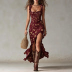 Zara | Vestido largo de estilo bohemio con fruncidos, estampado floral y abertura lateral