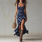 Zara | Vestido largo de estilo bohemio con fruncidos, estampado floral y abertura lateral