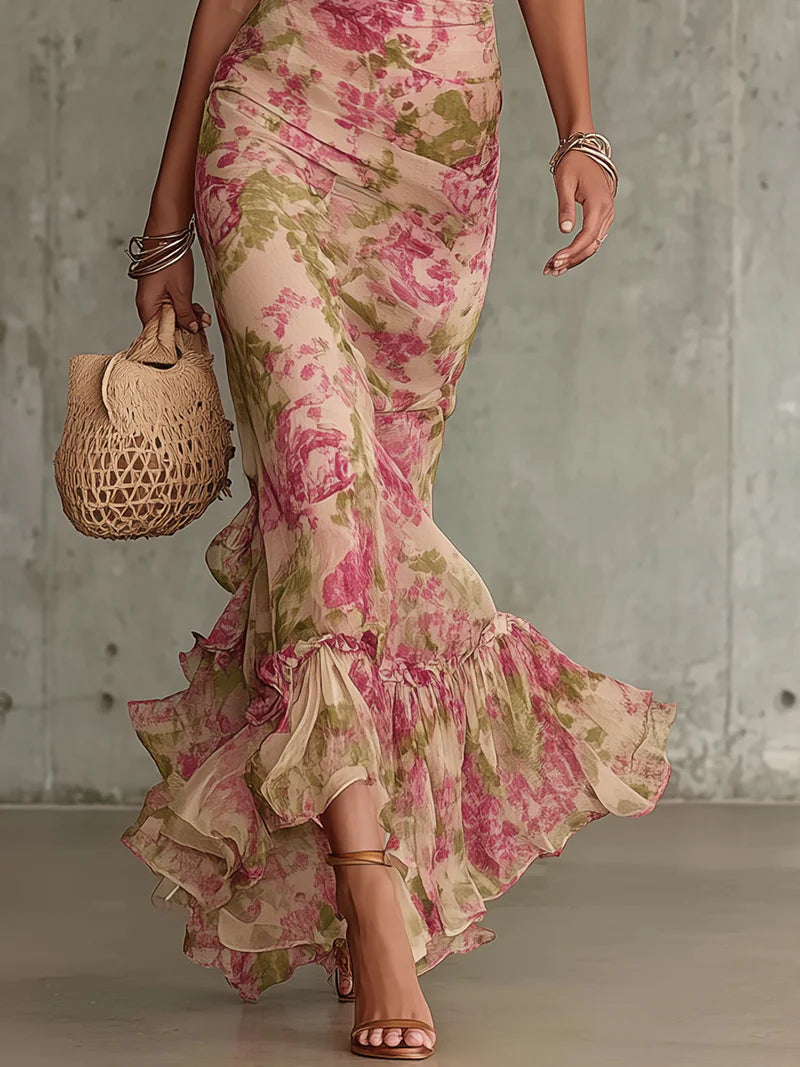 Flor | Vestido largo romántico con estampado de rosas vintage y mangas abullonadas