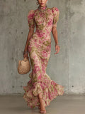 Flor | Vestido largo romántico con estampado de rosas vintage y mangas abullonadas