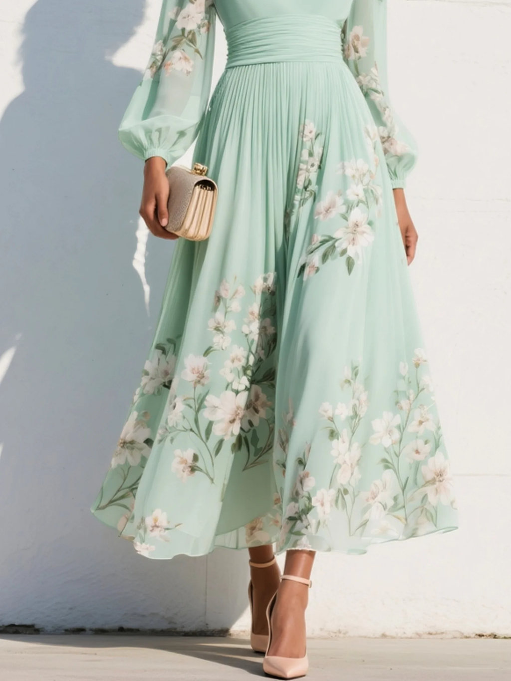 Susane | Vestido maxi plisado de muselina verde menta con estampado floral para mujer