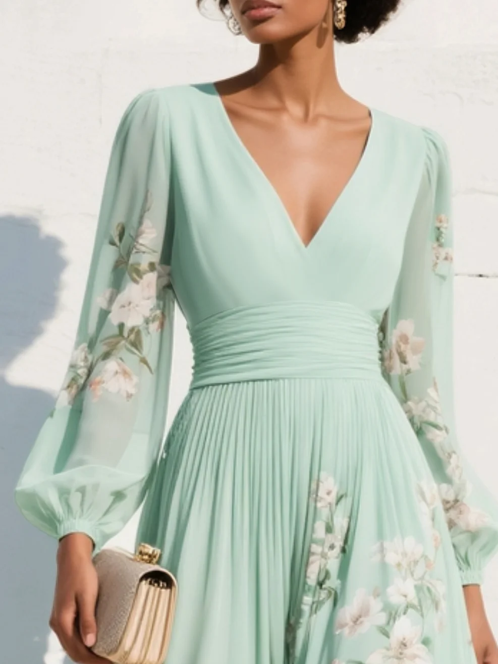 Susane | Vestido maxi plisado de muselina verde menta con estampado floral para mujer