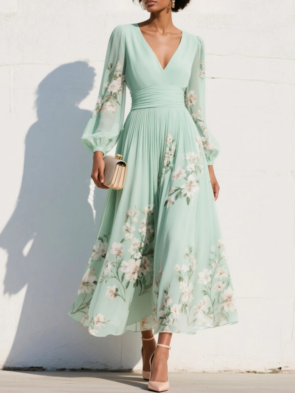 Susane | Vestido maxi plisado de muselina verde menta con estampado floral para mujer