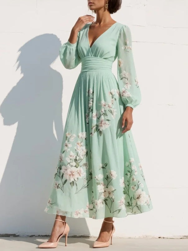 Susane | Vestido maxi plisado de muselina verde menta con estampado floral para mujer