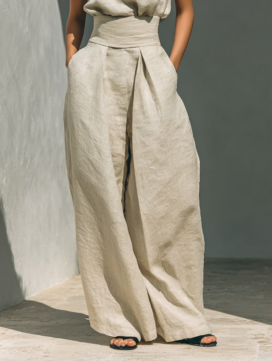 Aurora | Conjunto de dos piezas beige de lino con top sin mangas y pantalón ancho
