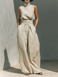 Aurora | Conjunto de dos piezas beige de lino con top sin mangas y pantalón ancho