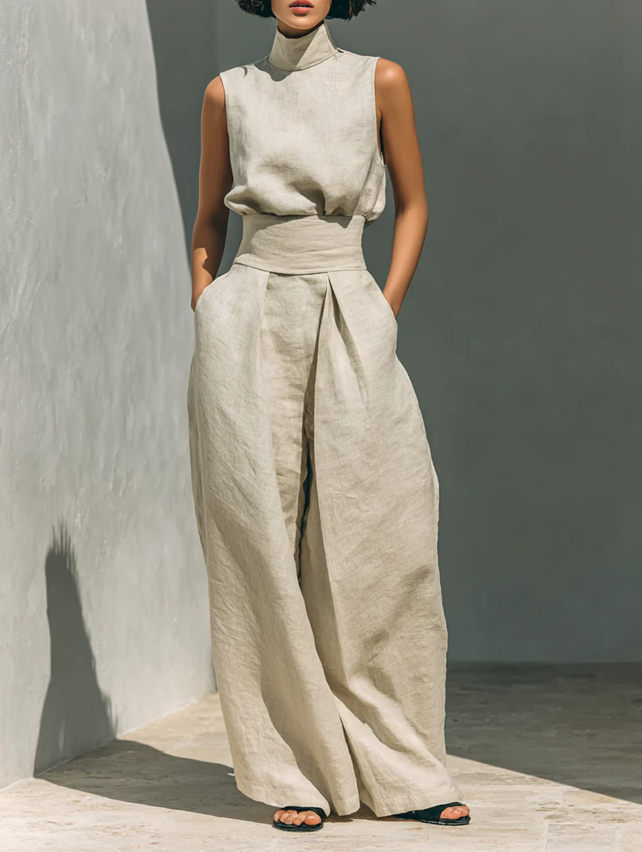 Aurora | Conjunto de dos piezas beige de lino con top sin mangas y pantalón ancho