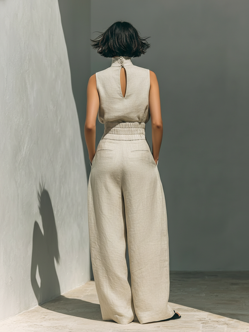 Aurora | Conjunto de dos piezas beige de lino con top sin mangas y pantalón ancho